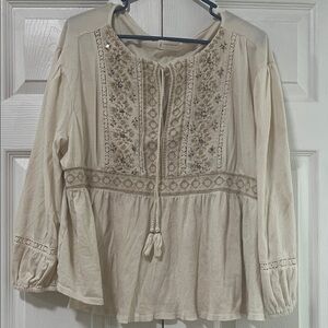Lucky Brand Beige Embroidered Peasant Blouse